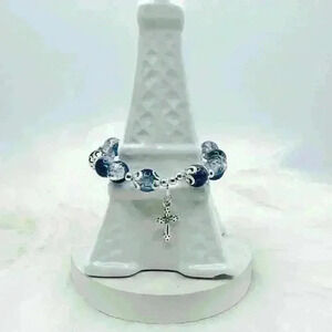 Sea Blue Gradient Beaded Cross Charm Bracelet